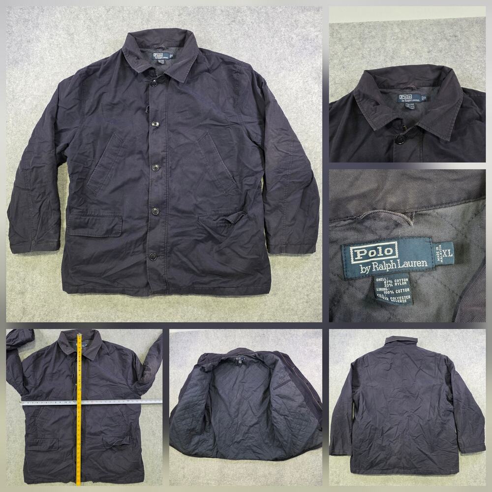 VTG Polo Ralph Lauren Jacket Mens XL Blue Quilted Canvas Full Zip Button Coat